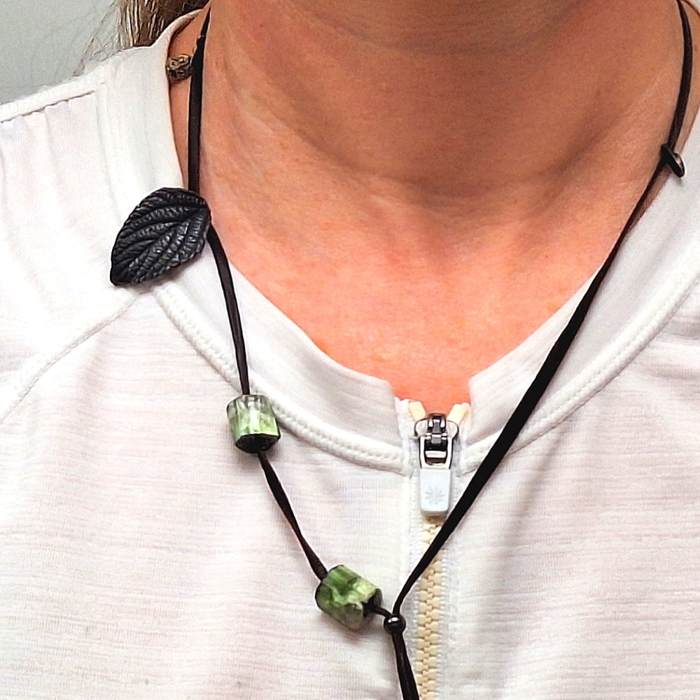 Adjustable Leather "Chain", Jade, Brass Feather Choker/Necklace